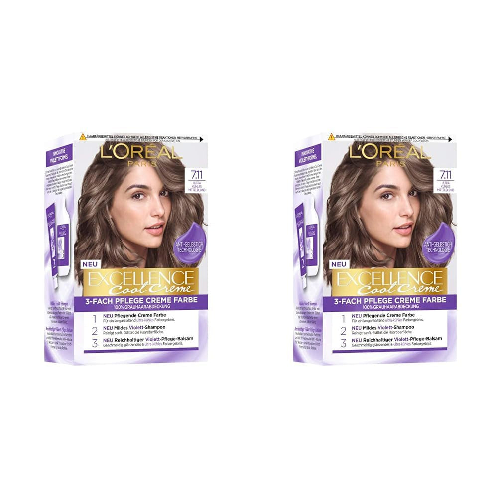 L'Oréal Paris Coloration capillaire permanente au résultat couleur ultra cool, couverture 100% des cheveux gris, coffret comprenant coloration, shampoing et crème de soin, Excellence Cool Creme, N° 7.11 Ultra Cool Medium Blonde (Blond) Naty Shop Hair Dye Titre par défaut