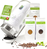 Set borcan pentru germinare 3100 ml cu set cadou - Mix Fitness Organic, Mix Power și Mix Detox, 75 g fiecare - Borcan pentru germinare - incl. capac borcan, suport și sită