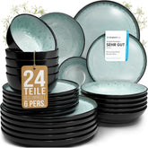 Service de table 24 pièces en grès cérame pour 6 personnes, design Ibiza, GAGNANT DU TEST. Un magnifique ensemble de vaisselle méditerranéenne comprenant des bols et des assiettes. Service de table Pure Living, vert sauge.