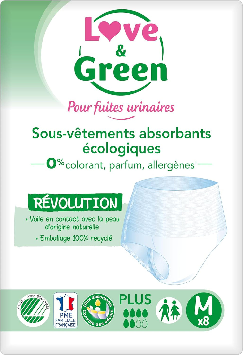 Sous-vêtement absorbant adulte hypoallergénique et écologique, taille M, 8 pièces
