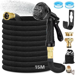 Tuyau d'arrosage flexible extensible de 15 m, tuyau d'arrosage flexible avec 8 fonctions de pulvérisation, tuyau d'arrosage flexible de 1/2" à 3/4", pour arrosage du jardin, lavage de voiture, lavage et arrosage