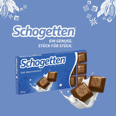 Tablette de chocolat au lait Schogetten Premium Alpine, 100 g, en portions individuelles. Un délice. Pièce par pièce.