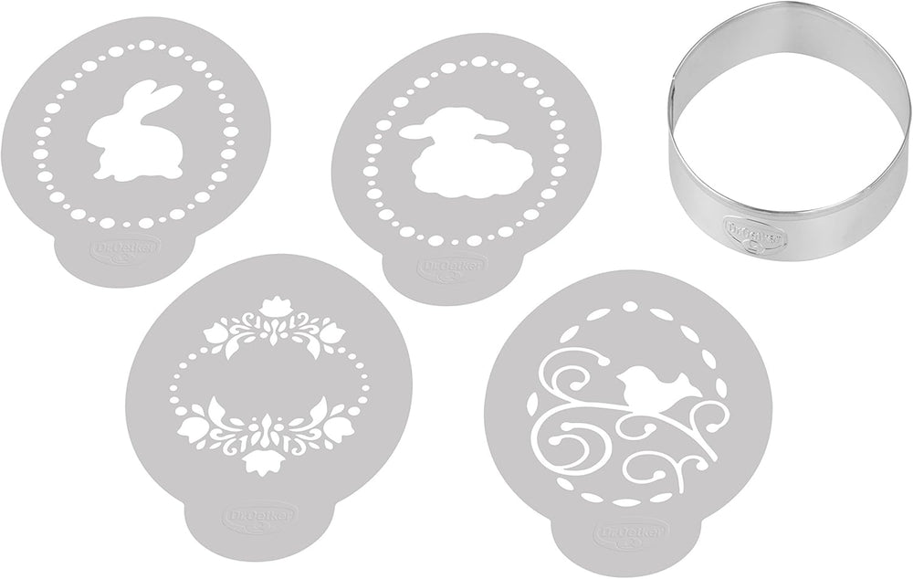 Dr. Oetker Éplucheur d'œufs, comprenant 4 modèles décoratifs de la série Golden Easter, un moule à biscuits et à biscuits (couleur : argent, blanc), quantité : 1 x ensemble de 5 pièces
