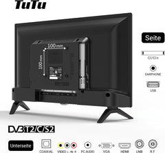 TuTu HD LED TV 24 pouces (60 cm) avec triple tuner (DVB-T/T2-CS/S2), lecteur multimédia USB, HDMI, VGA, CI/CI+, mode hôtel (2024, 220 volts)