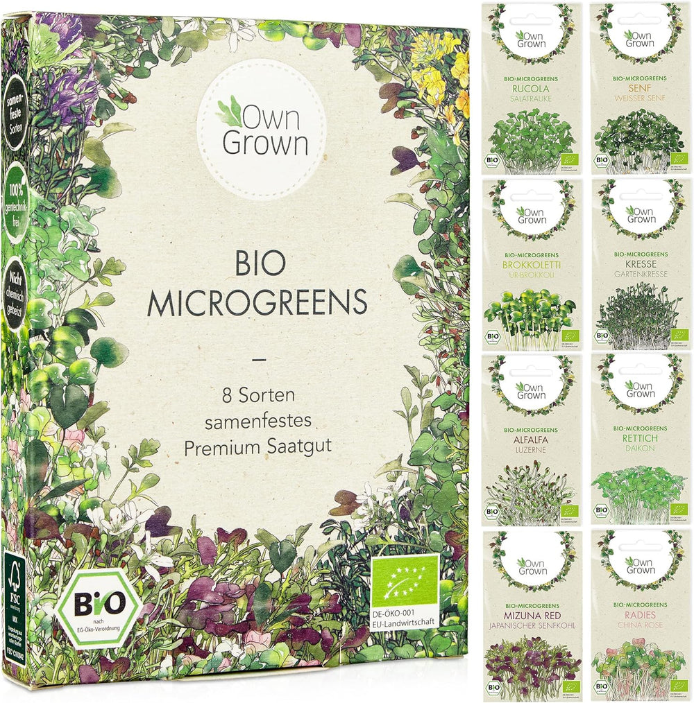 Microgreens Samen Set Von Owngrown - 8 Sorten BIO Sprossen Und MikrogrĂĽn Saatgut Im Microgreens Starter Set - Alfalfa, Rucola, Kresse FĂĽr Kresse Anzuchtschalen Uvm - Sprossen Samen