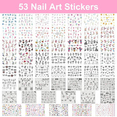 53 autocollants de perles, ensemble de pinceaux et de décorations pour nail art, 15 pinceaux, 5 stylos à points, strass, or noir pour l'art de l'art, les paillettes, les travaux d'art et les ensembles de décorations