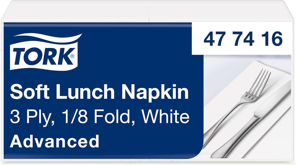 Serviette de table Tork Soft blanche, pli 1/8, 3 épaisseurs, 33 cm × 33 cm, 150 serviettes, 477416