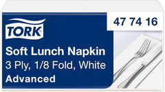 Serviette de table Tork Soft blanche, pli 1/8, 3 épaisseurs, 33 cm × 33 cm, 150 serviettes, 477416