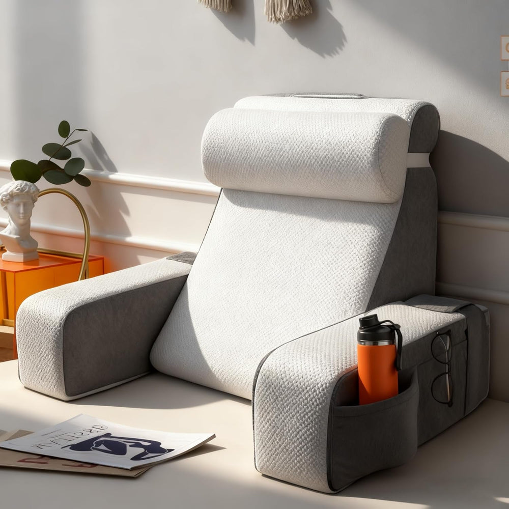 Grand coussin de lecture avec repose-nuque et accoudoirs amovibles, coussin de dossier pour lit, coussin de dos ergonomique avec bras, poche et housse lavable pour lire et regarder la télévision.