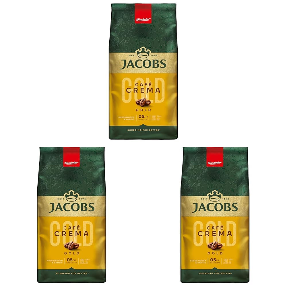 Café en grains Jacobs Café Crema Gold 1kg – Corsé, aromatique, aux notes fruitées, grains Arabica et Robusta, intensité 5/10, idéal pour Café Crema (pack de 3)
