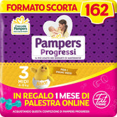 Couches Pampers Progressi & Fit Prime Midi, format court, 162 couches, taille 3 (4-9 kg), abonnement en ligne à la salle de sport pendant 1 mois en cadeau