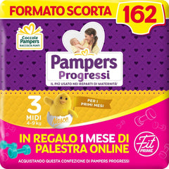 Couches Pampers Progressi & Fit Prime Midi, format court, 162 couches, taille 3 (4-9 kg), abonnement en ligne à la salle de sport pendant 1 mois en cadeau