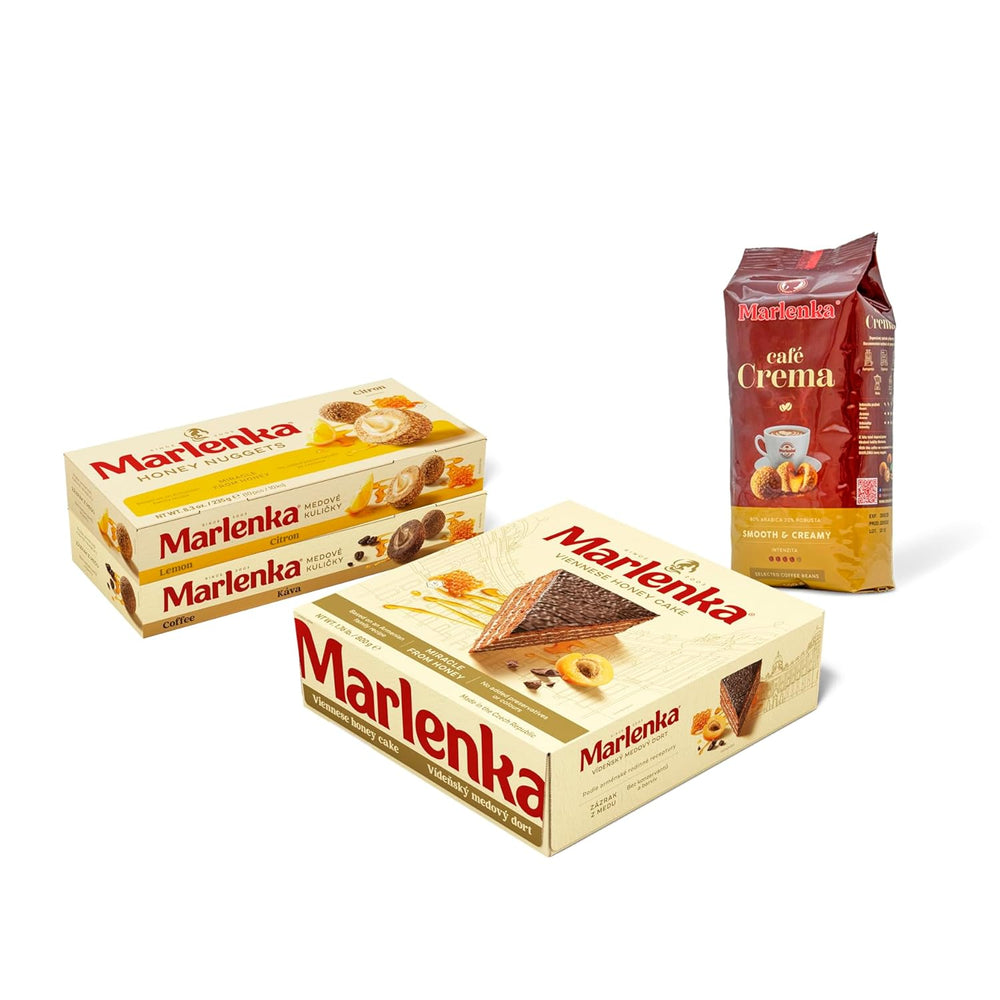 MARLENKA® Probiermix-Produkt | Wiener Honigkuchen (800 g), Kaffee-Honigkugeln (235 g) et Zitronen-Honigkugeln (235 g) et Marlenka Café Crema - Espresso Bohnen (500 g)