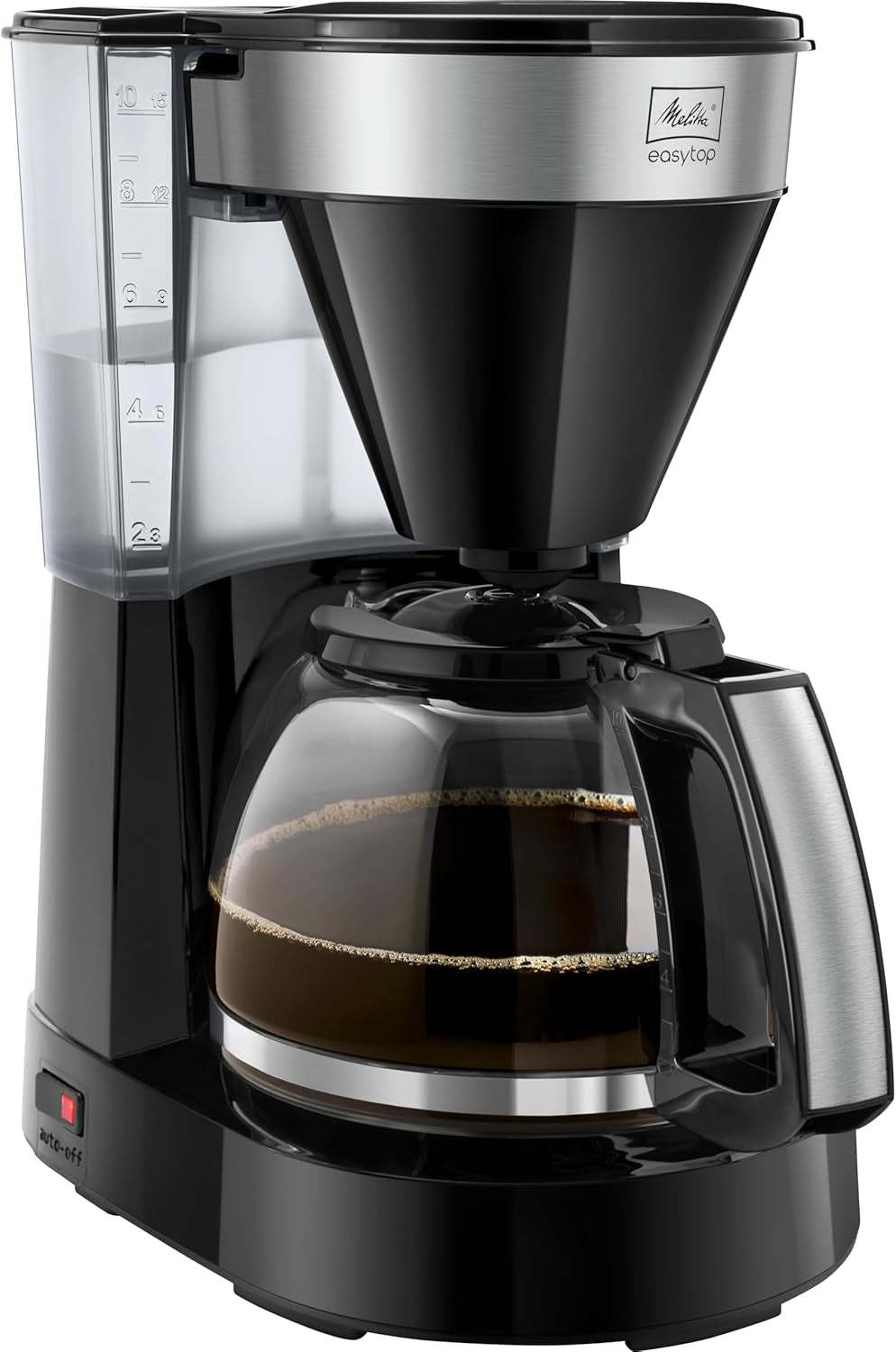 Melitta Easy Top – Espressor cu filtru și carafă din sticlă, pentru până la 10 cești de cafea, din oțel negru/inox