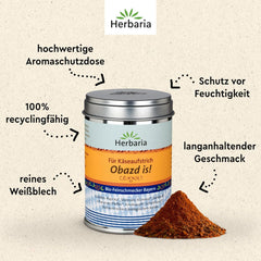 Herbaria Obazd l'est ! bio 90g M-Dose – Bio-Gewürzmischung bayerischen Biergartenklassiker Obazda – pour Brotaufstriche, Käsegerichte, Käsefondue – Raclette Gewürz - dans nachhaltiger Aromaschutz-Dose