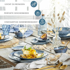 SANGER | Service de table Darwin 12 pièces, service de table en grès pour 4 personnes, service de table bleu comprenant des assiettes plates, des assiettes à dessert et des assiettes creuses, un service de table fait main | LA COLLECTION PREMIUM