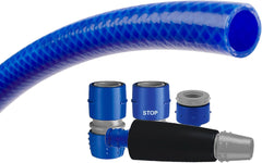 Kit tuyau d'arrosage TATAY Blue Line 25 mètres Ø3/4" 19mm, 3 couches, fabriqué en Espagne, résistance 20 bar et +60°/-20°, tressé, sans cadmium ni plomb, sans BPA, anti-UV. Coloris bleu.