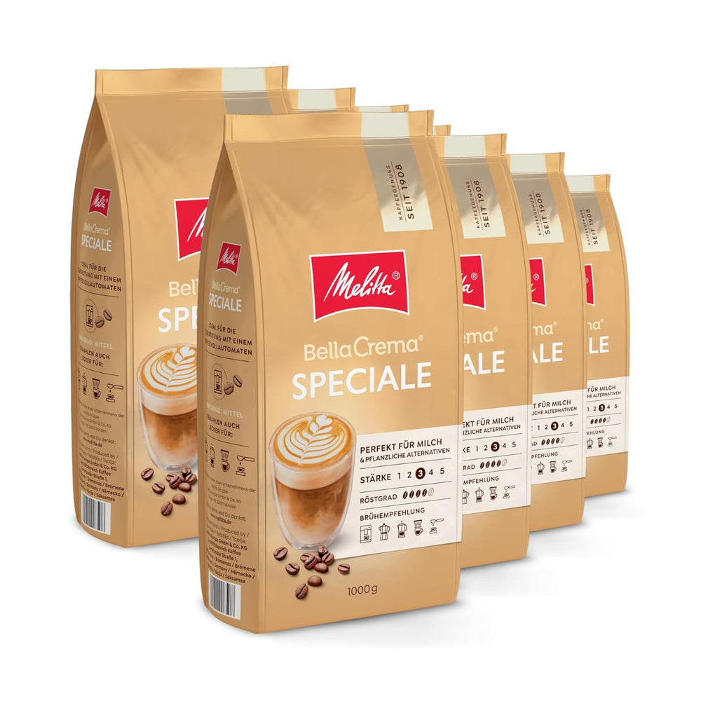 Melitta BellaCrema Speciale Ganze Kaffee-Bohnen 8 x 1kg, ungemahlen, Kaffeebohnen für Kaffee-Vollautomat, medium Röstung, geröstet in Deutschland, Stärke 3, im Tray