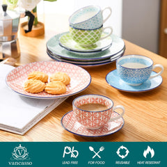 Vancasso Macaron Service à café en porcelaine, service à café coloré 12 pièces pour 4 à 12 personnes, ensemble de tasses, comprend des tasses à café, des soucoupes et des assiettes à dessert