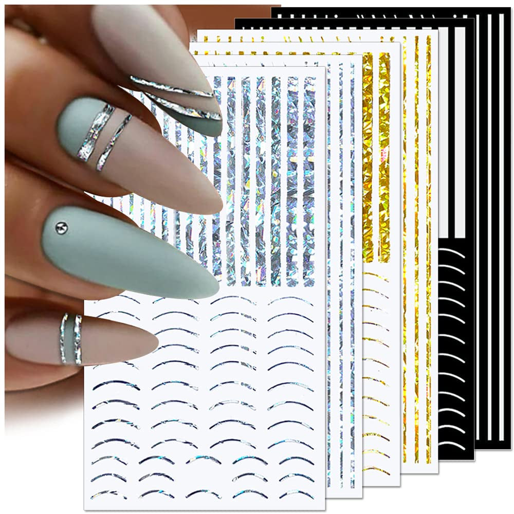 12 feuilles d'autocollants pour ongles auto-adhésifs lignes pailletées laser autocollants holographiques rayures bronze autocollants pour ongles ligne française arcs incurvés lignes ondulées autocollants pour ongles accessoires de nail art