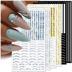 12 feuilles d'autocollants pour ongles auto-adhésifs lignes pailletées laser autocollants holographiques rayures bronze autocollants pour ongles ligne française arcs incurvés lignes ondulées autocollants pour ongles accessoires de nail art