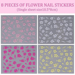 8 pièces Hibiskus Nagelsticker, 3D Selbstklebende Blumen Nagelaufkleber, Weiß Rosa Gelb Magenta Sommer Neonail Sticker, Nail Art Zubehör Nagel Deko Für Frauen