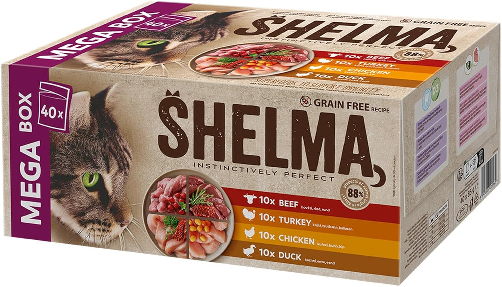 Shelma Nourriture humide pour chats Megapack au bœuf, dinde, poulet et canard - Aliment complet sans céréales à haute teneur en viande - 40 x 85 g (3,4 kg)