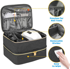 Sac organisateur de vernis à ongles, boîte de rangement double de vernis à ongles, organisateur de coffre pour le design des ongles, sacs cosmétiques pour 30 flacons de base Neonail (15 ml-0,5 fl. oz) et 1 lampe à ongles (noir)