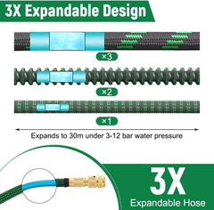 Tuyau d'arrosage flexible vert de 30 m/100 pieds avec buse de pulvérisation et connecteurs en laiton de 3/4" et 1/2" 10 fonctions Tuyau d'eau extensible 3 fois extensible sans pli pour sol de jardin, terrasse, voiture