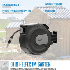 Enrouleur de tuyau automatique Güde 30-2-2 1/2 (rotation à 180°, pour montage mural, tuyau de 30 m, jet d'eau, support mural, retrait automatique, butée de retrait, poignée de transport, 2 raccords rapides)