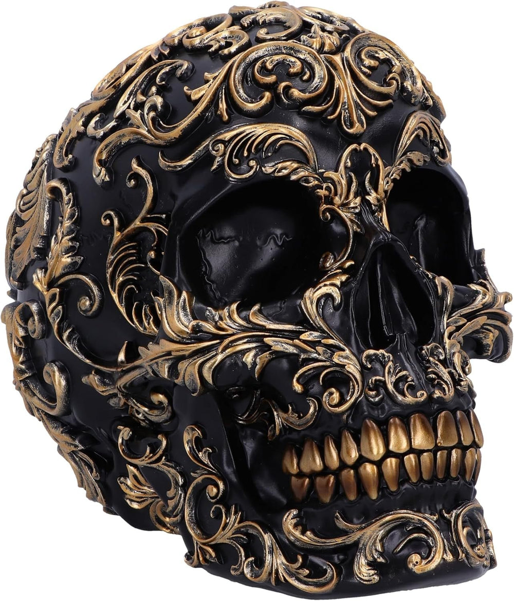 Crâne Renaissance, 19 cm, résine, noir et or, motif baroque doré, ornement crâne noir, décoration gothique, moulé à partir de la meilleure résine synthétique, peint à la main par des experts Statuettes et sculptures Naty Shop Noir 19 cm