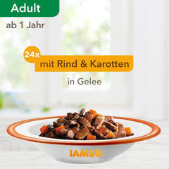 IAMS Delights Hrană umedă pentru pisici cu vită suculentă și morcovi în jeleu - Hrană umedă completă pentru pisici adulte, 24 pliculețe x 85g