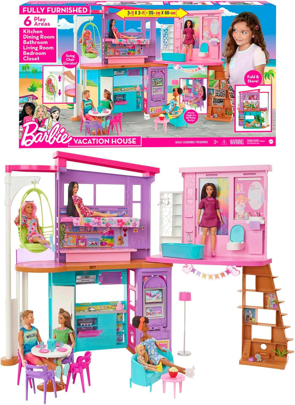 Maison de vacances Barbie (116 x 77,9 cm), maisonnette 6 places, entièrement meublée avec accessoires, meubles et ascenseur, pliable et rangement, poupée, cadeau pour enfants à partir de 3 ans, HCD50