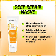 SANTE Natural Cosmetics Deep Repair Mask Squalane + 3x complexe protéique, masque capillaire végétalien pour une hydratation intense et des cheveux souples, répare et régénère les cheveux abîmés, 150 ml Naty Shop Hair Mask