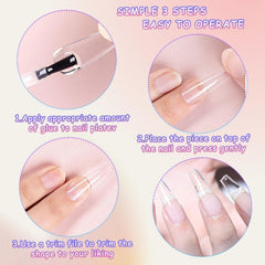 Unghii artificiale extra lungi și transparente, 240 bucăți unghii false, acoperire pe jumătate, unghii artificiale pătrate și drepte, extensii de unghii franceze pentru saloane de unghii și artă pentru unghii DIY
