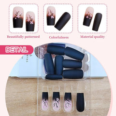 24 de bucăți de unghii French Press negre de toamnă, unghii lungi cu flori roz, unghii artificiale pentru lipit, set de unghii artificiale de toamnă cu accesorii