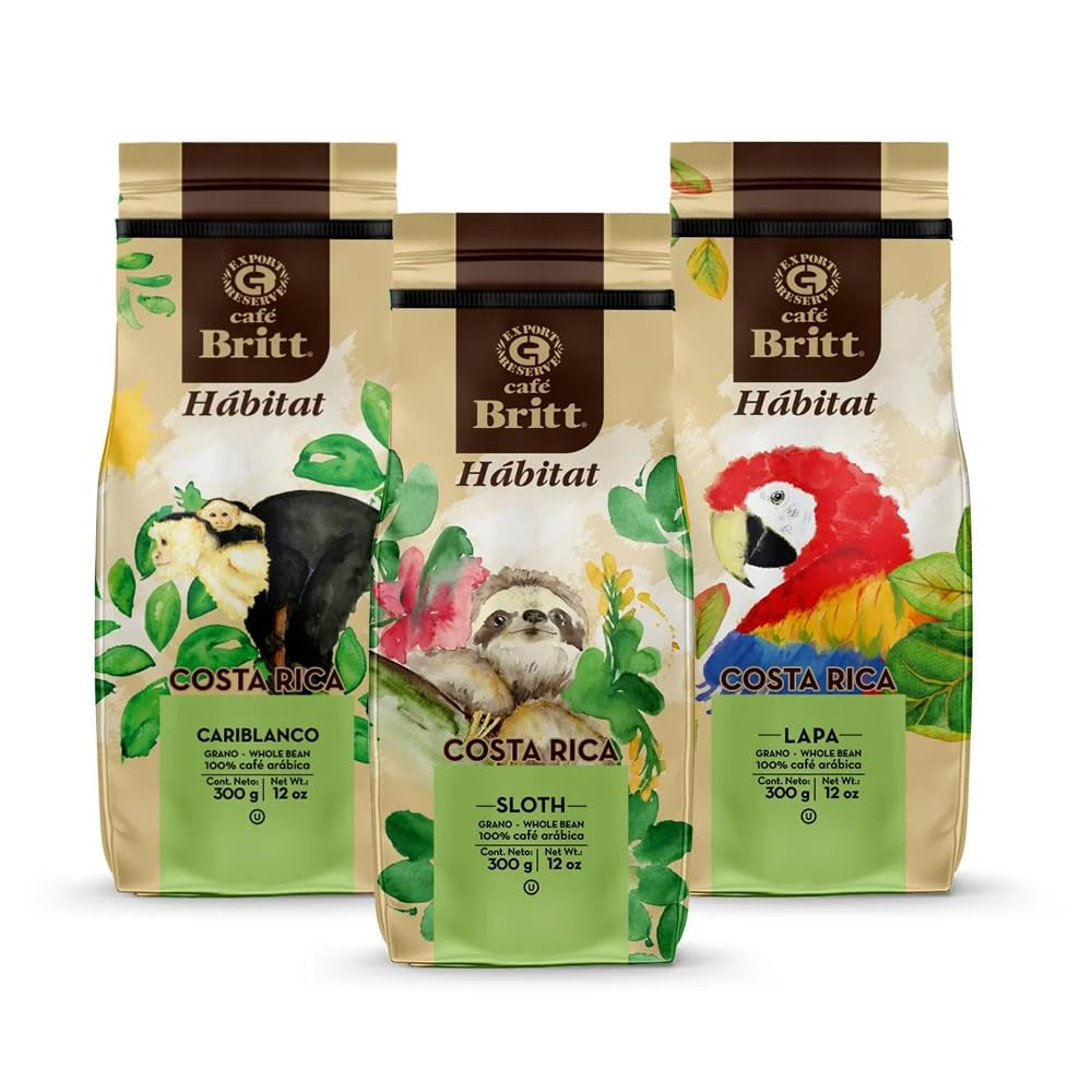 Café Britt® - Sachet de café Costa Rican Habitat (340 g) (paquet de 3) (Café de : Paresseux, Lapa et Cariblanco) – Grains entiers, 100 % Arabica, casher, sans gluten, gastronomique et torréfaction moyennement ouverte et foncée.
