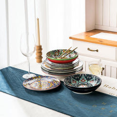 HENXFEN LEAD Service de table en porcelaine, service de table 12 pièces pour 4 personnes, service de table coloré pour 4 personnes – assiettes peintes à la main, assiettes à dessert, assiettes creuses – Style bohème