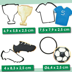 SCRAP COOKING 4 Forme de Biscuiți cu Forme de Fotbal – Forme de Biscuiți din Oțel Inoxidabil – Forme de Fotbal, Tricou, Pantofi, Pahar – Forme pentru Torturi Mici – Accesorii de Coacere, Decorațiuni de Ziua de Naștere – 2086