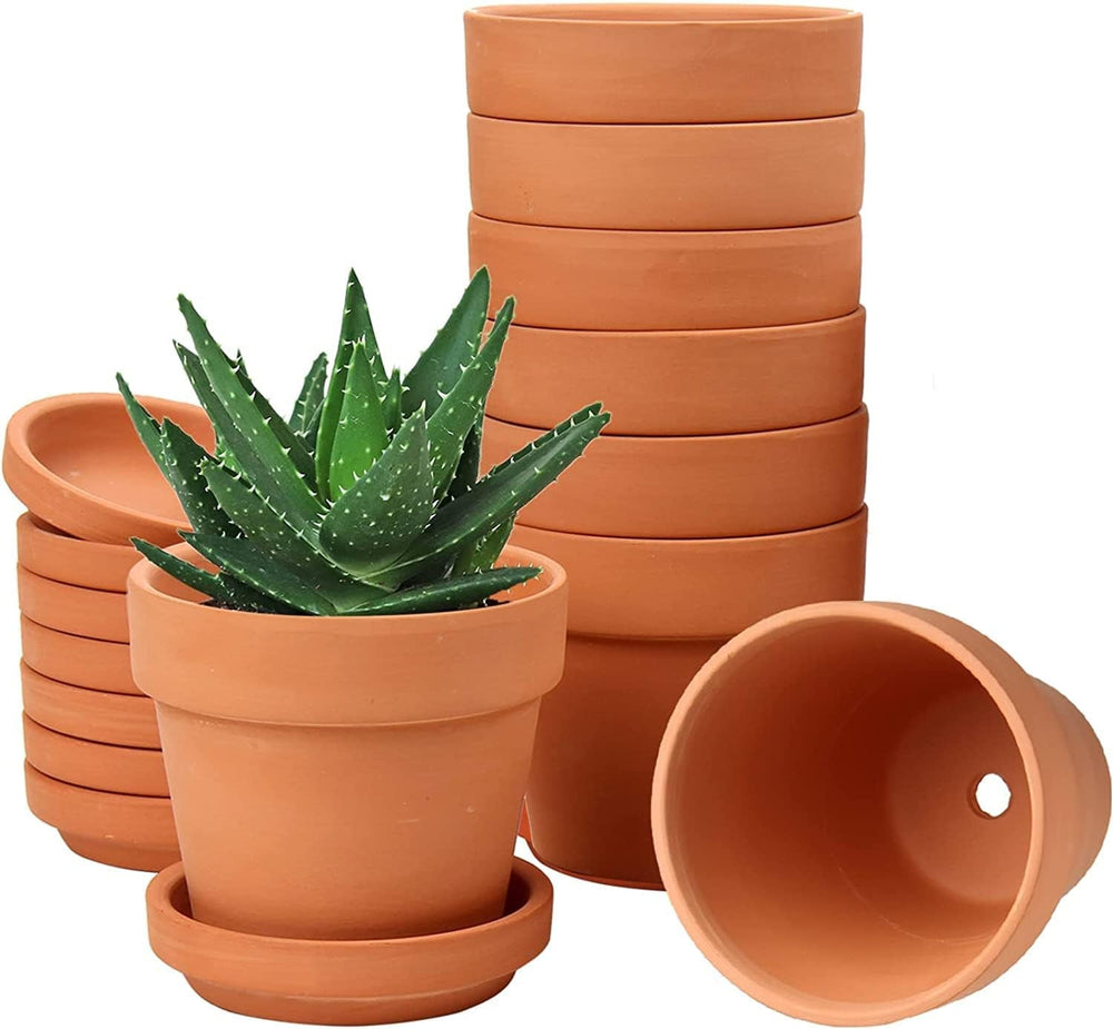 Hollyone Lot de 8 petites jardinières en terre cuite, pots ronds en argile de 8 x 8 cm avec plaque et trou de drainage, petites jardinières avec plateau, pots succulents en terre cuite pour plantes d'intérieur, jardinières en céramique