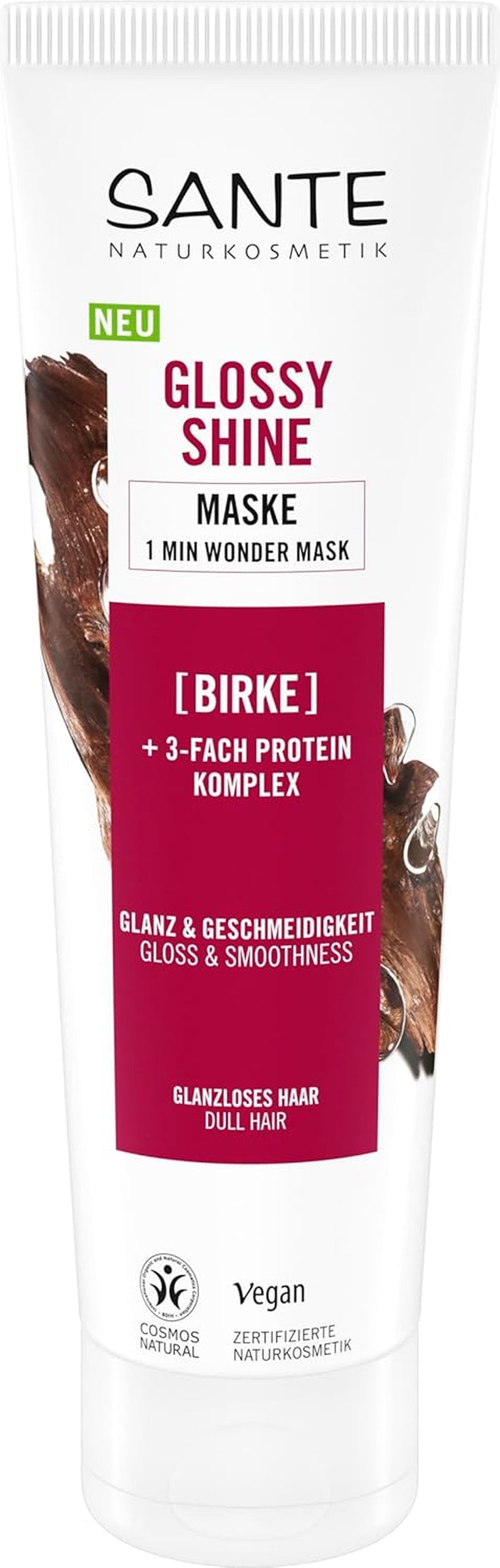 SANTE Naturkosmetik Glossy Shine Mask Extrait de feuille de bouleau bio + complexe protéique 3x, masque capillaire hydratant et sans silicone, soin capillaire végétalien pour plus de brillance et de souplesse, 150 ml Masque capillaire Naty Shop Nouveau