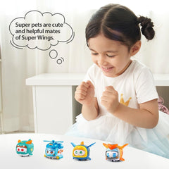 Super Wings Super Pets 4 PCS Shine, Golden Boy, Jerome, Ellie Expression faciale commutable Effet foudre Jouet portable pour 3 4 5 6 7 8 ans Garçon Fille Figurines d'action 2 pouces Naty Shop