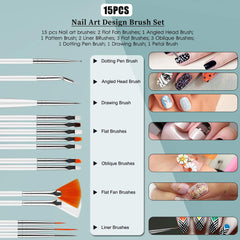 Nail Art Dekorationen & Nagelpinsel Set, Nageldesign Zubehör, Nagelset 5 Stk 2 Wege Punktierung Stift, 15 Malerei Polnisch Pinsel Set, 10 Streifenband, 4 Boxen Bunte Nagel Strass Dekoration