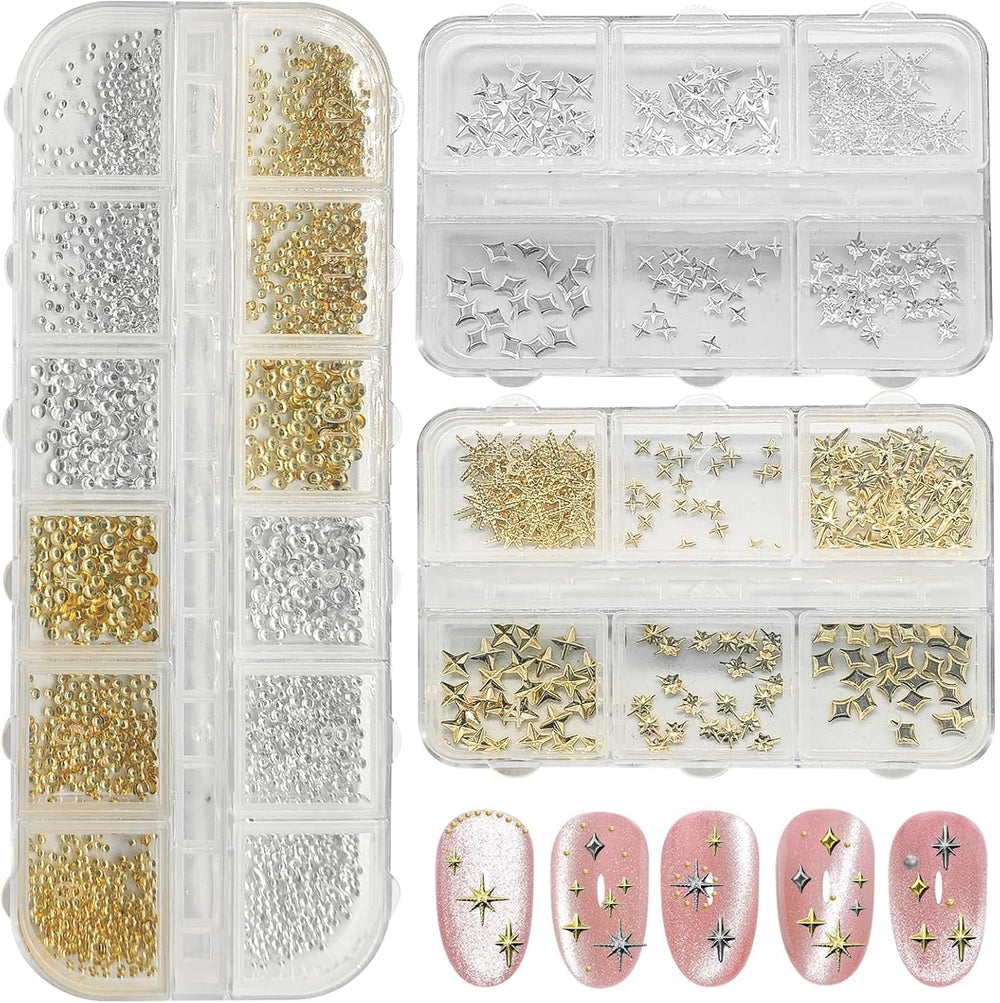 3400 pièces Goldene et Silberne Sternperlen, Goldene Nagelanhänger, Zubehör Für Nagelschmuck, Schöne Sternnagelanhänger Für Nägel, Nail Art Strass