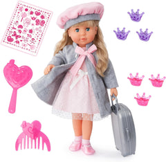 Bayer Design 94635AX Charlene Poupée fonctionnelle avec cheveux et yeux endormis, parle et chante 90 phrases, 2 poèmes et 8 chansons, 46 cm, poupée multi-accessoires, 1,30 kg, rose, gris