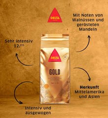 Delta Cafés - Kaffeebohnen Gold - 2 paquets de 1 kg - Intensité 12 - Vollmundige Arabica-Röstkaffebohnenmischung - Sehr spiceisch mit Noten von Honig und Reifen Früchten