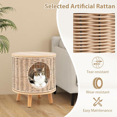 Katzenhaus Rattan, Katzenmöbel mit Holzbeinen & soft Kissen, 3 in 1 Katzenhöhle Fußhocker Nachttisch, Katzenbett stabil bis 30 kg für Wohnzimmer Schlafzimmer