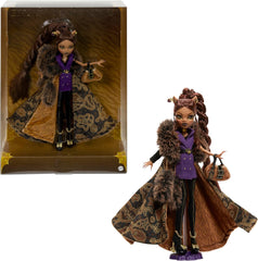 Monster High Doll House of Wolves Figurine de collection Clawdeen Wolf avec manteau en fausse fourrure jacquard veste violette robe pantalon doré et accessoires JDR66