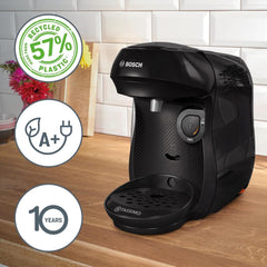 Bosch Tassimo Happy Friendly TAS102E Machine à expresso à capsules, plus de 70 boissons, convient à toutes les tasses, arrêt automatique, durable, dosage parfait, peu encombrant, 1400 W, noir