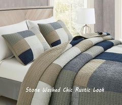 Chezmoi Collection Ensemble de courtepointe Addy Patchwork en coton prélavé léger réversible toutes saisons surdimensionné 3 pièces bleu marine blanc gris taupe courtepointes et courtepointes à carreaux Naty Shop